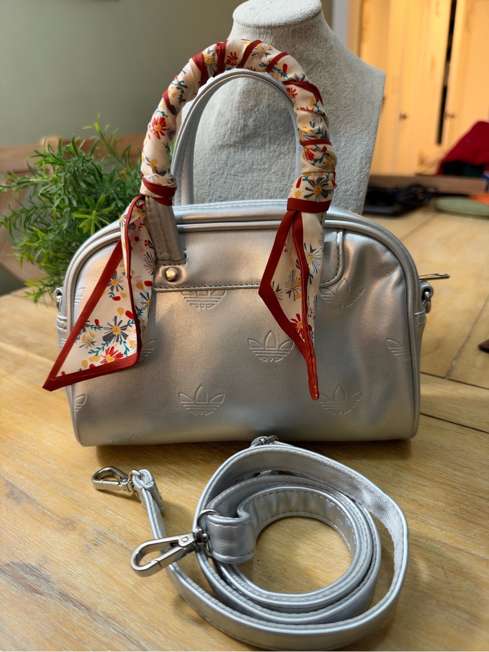 adidas Silver Mini Bowling Bag with Floral Scarf-Wrapped Handle